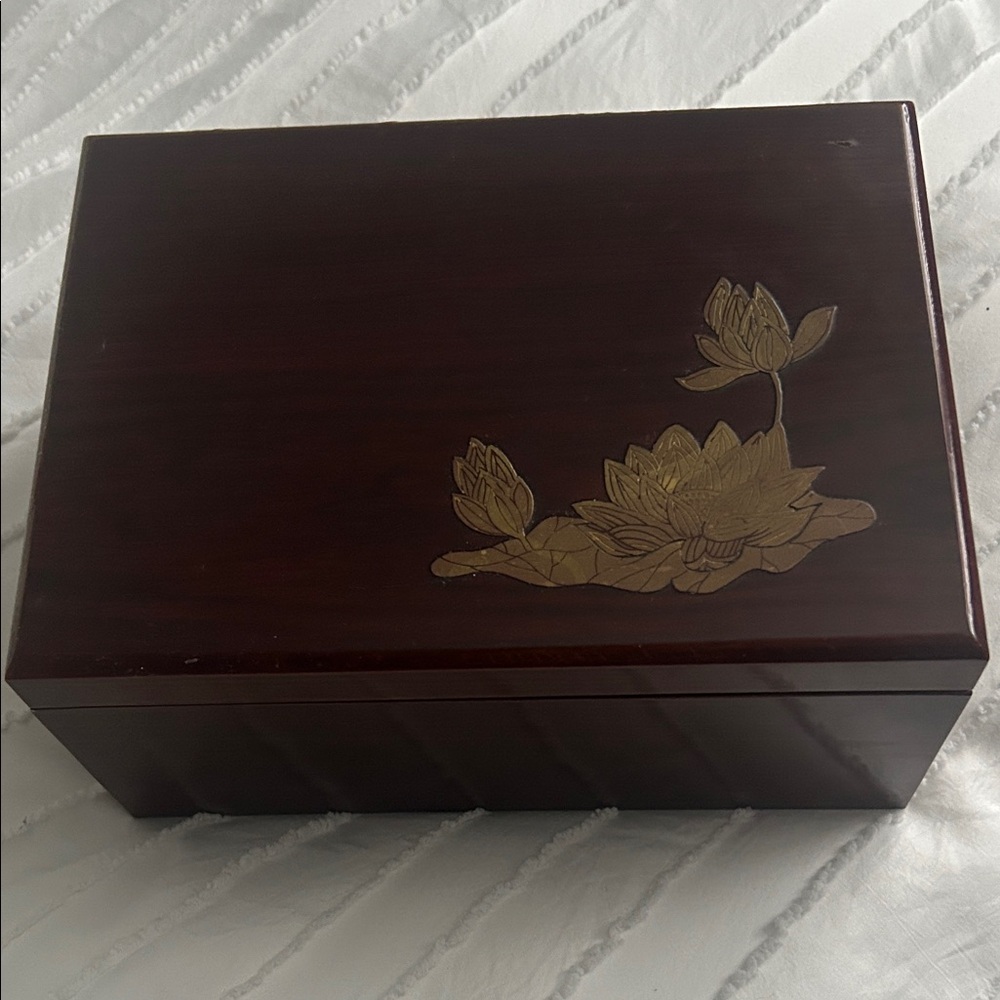 Elegant Wooden Jewelry Box with Gold Floral Design